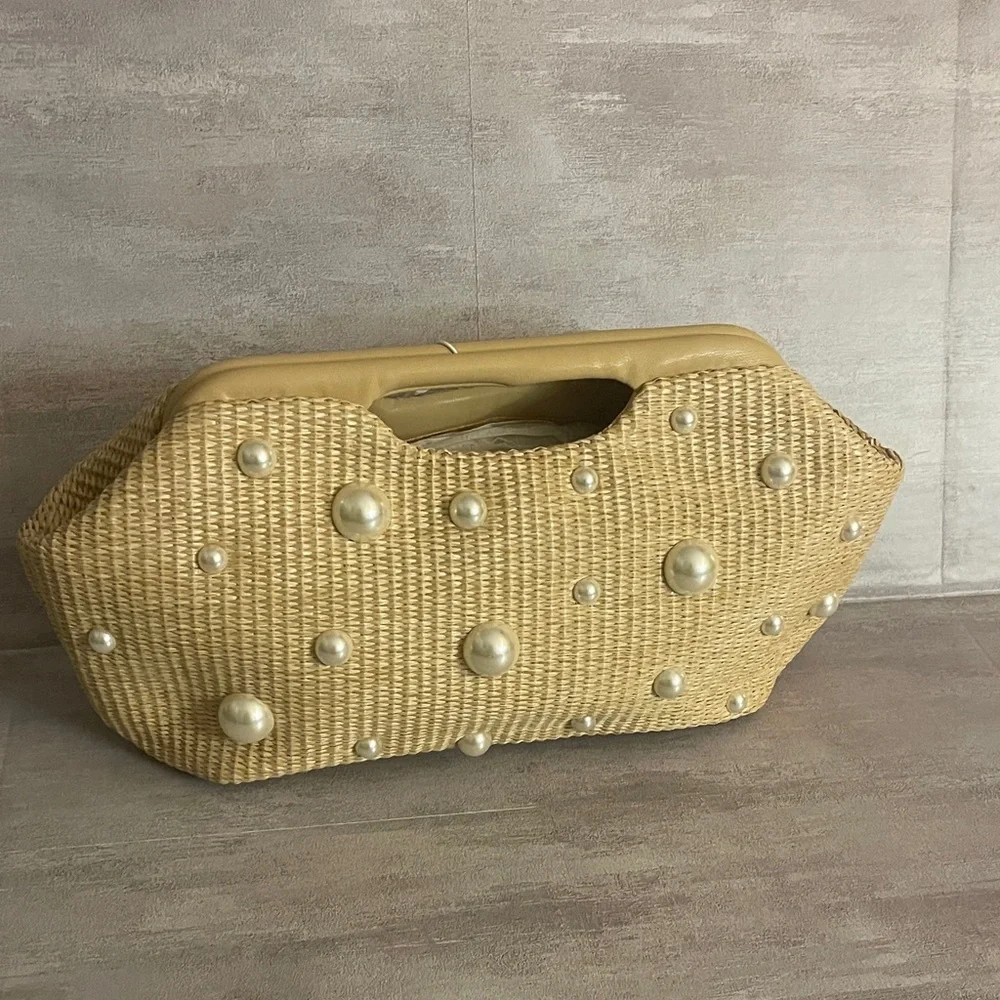 Pearl-Embellished Straw Clutch Bag in Natural - Picture 2 of 9